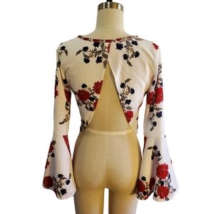 Boho Cropped‎ Floral Open Back Top With Flared Long Sleeves Size S
